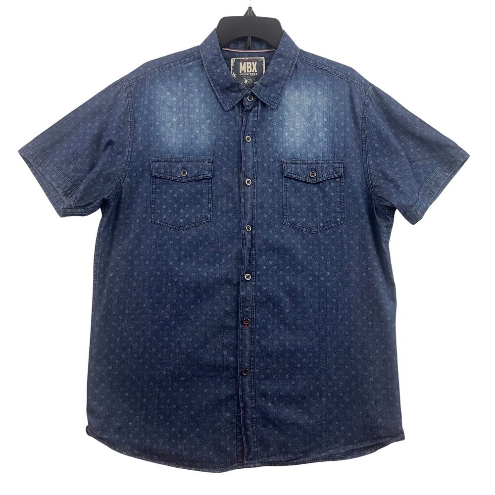 MBX Denim Wear Shirt Mens Size Large Blue Chambray Button Up Short Sleeve